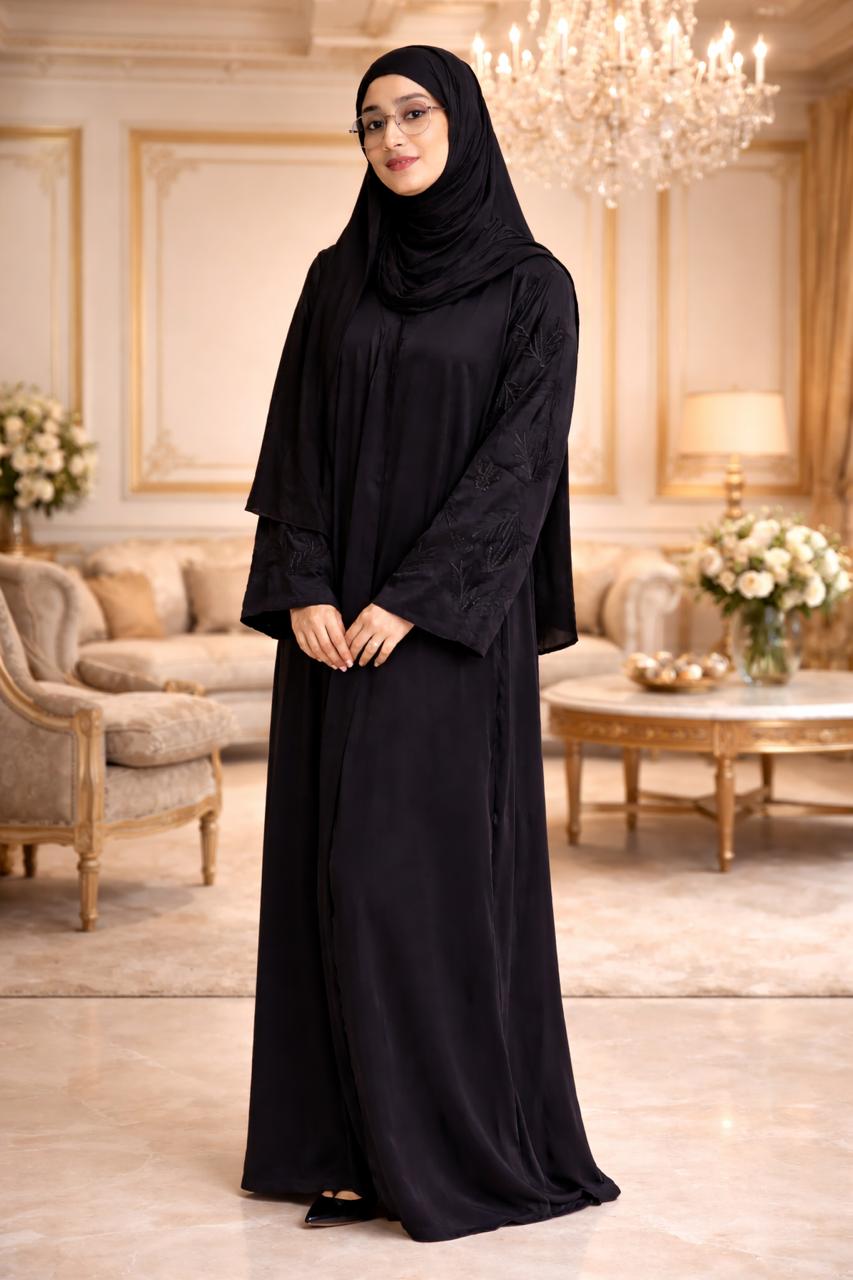 Elegant Floral Sleeve Black Abaya-Premium Imported Tiktok Fabric
